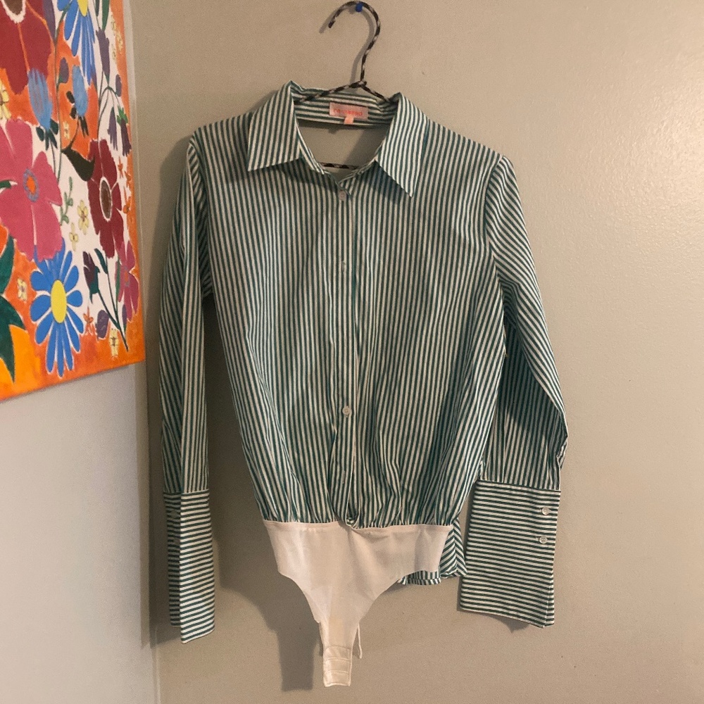 Green and white striped long sleeve bodysuit